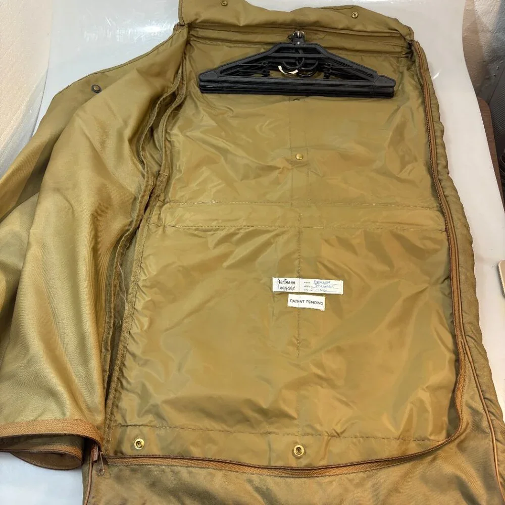 Hartmann Khaki Nylon Brown Leather Folding Hanging Garment Bag Luggage Vintage